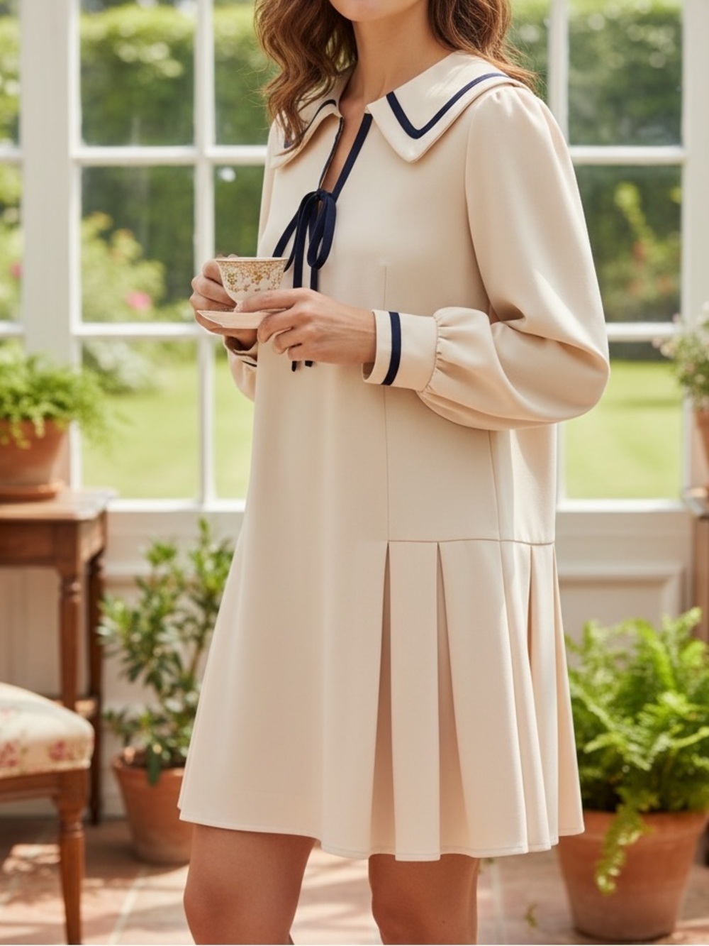 [XS]Cider Cream Long-Sleeve Sailor-Collar Pleated Dress with Navy Trim